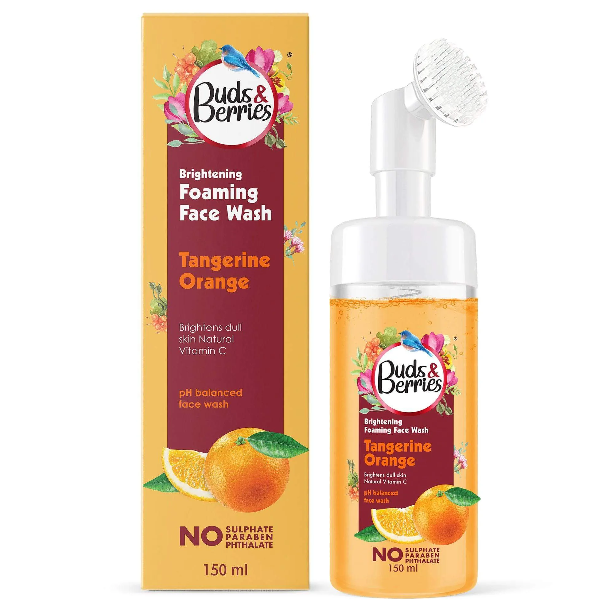 Brighthening Tangerine Orange Foaming Face Wash with Silicone Brush ,  No Sulphate, No Paraben, No Phthalate - 150ml