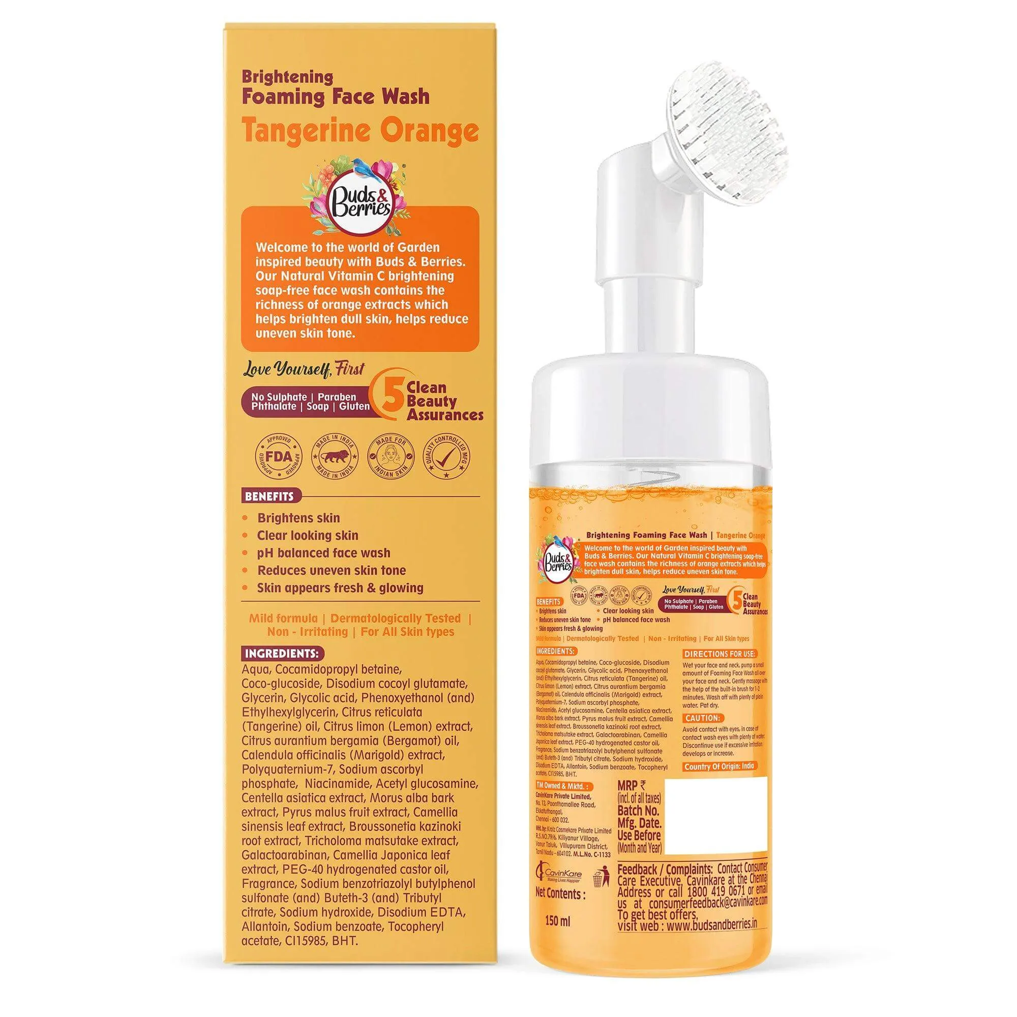 Brighthening Tangerine Orange Foaming Face Wash with Silicone Brush ,  No Sulphate, No Paraben, No Phthalate - 150ml