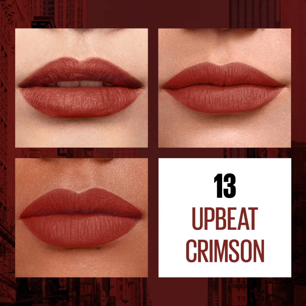 Maybelline New York Sensational Liquid Matte Lipstick, 13 Upbeat Crimson, 7ml - Liquid Lipstick Shades Delivering Intense Matte Color Effect