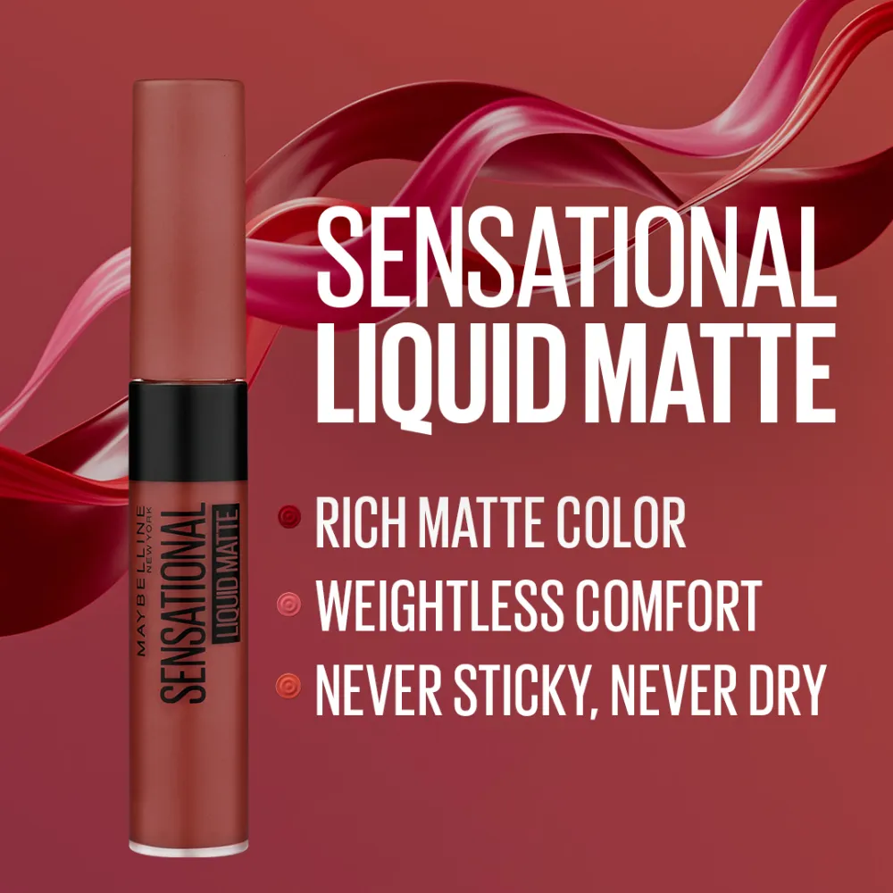 Maybelline New York Sensational Liquid Matte Lipstick, 13 Upbeat Crimson, 7ml - Liquid Lipstick Shades Delivering Intense Matte Color Effect