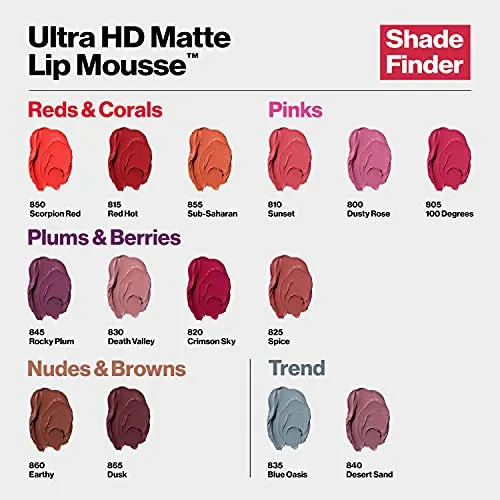 REVLON Ultra HD Lip Mousse Hyper Matte, Longwearing Creamy Liquid Lipstick in Plum / Berry, Death Valley (830), 0.2 oz
